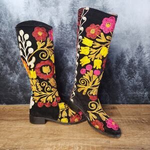Unbranded Embroidered Mid-Calf Black Floral Riding Boots | Women's 35 (US 7)